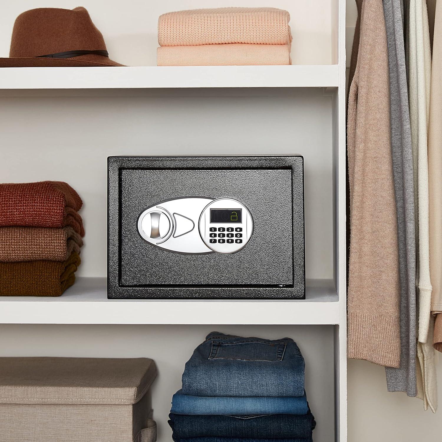 Amazon Basics Steel Security Safe and Lock Box with Electronic Keypad, for Cash, Jewelry, Documents, Black, 0.5 Cubic Feet, 13.8" W x 9.8" D x 9.8" H