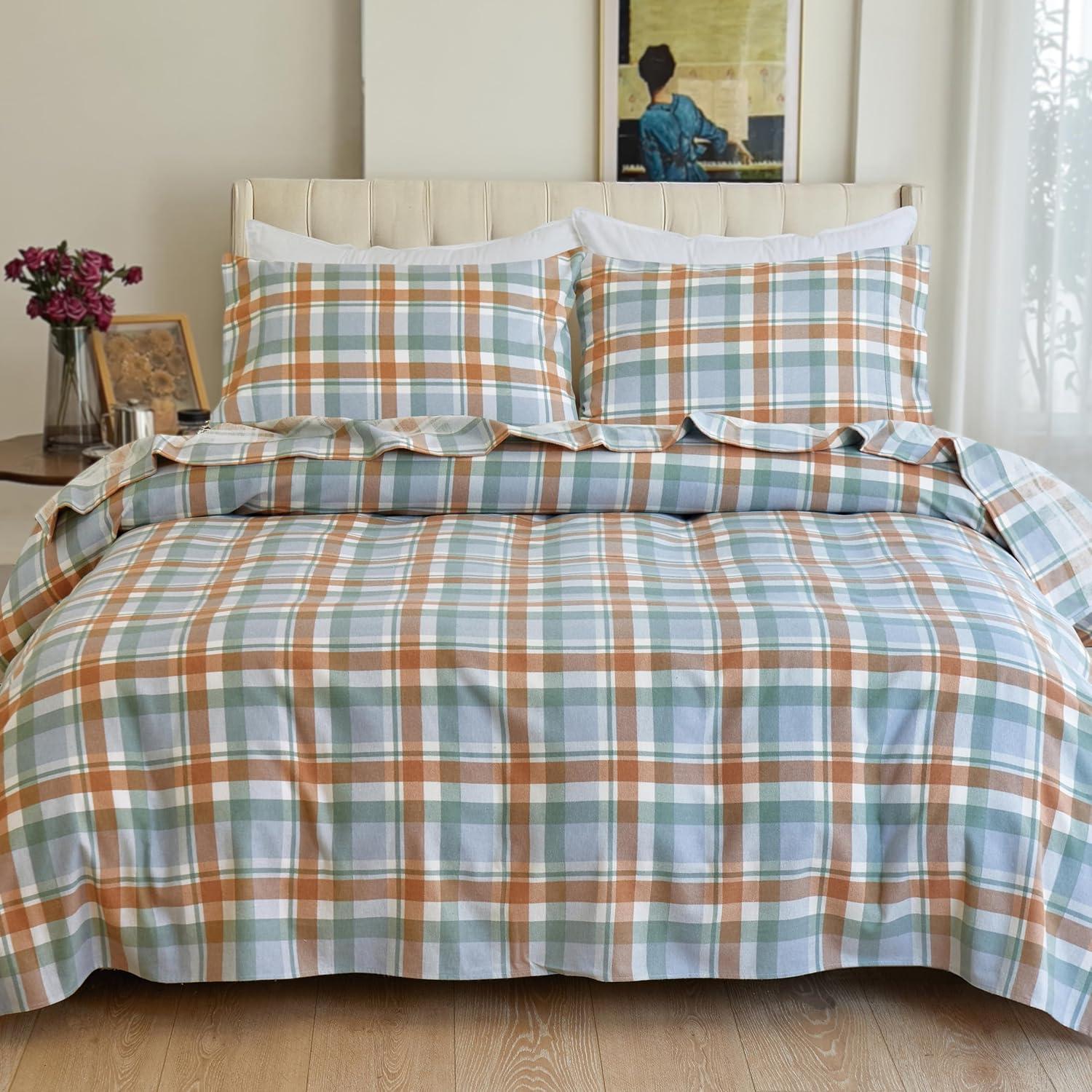 Plaid Coral Queen Cotton Flannel 4-Piece Sheet Set