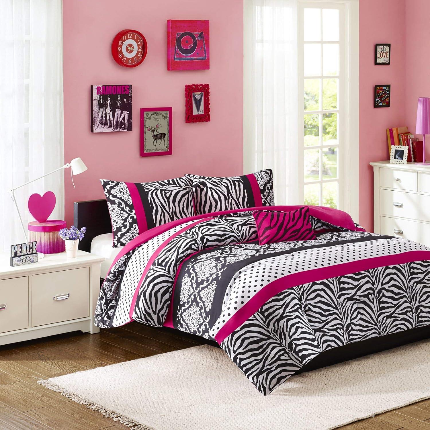 Full Pink Microfiber Zebra Print Kids Comforter Set