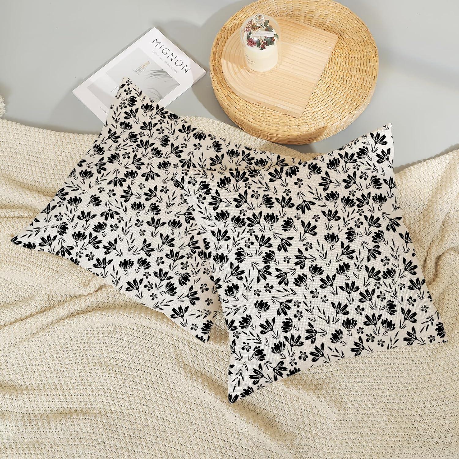 Chinoiseries Spring Pillow Covers 18x18 Set of 2, Black White Birds and Floral Throw Pillows Farmhouse Vintage Outdoor Decorative Cushion Case Decorations for Home Couch Sofa