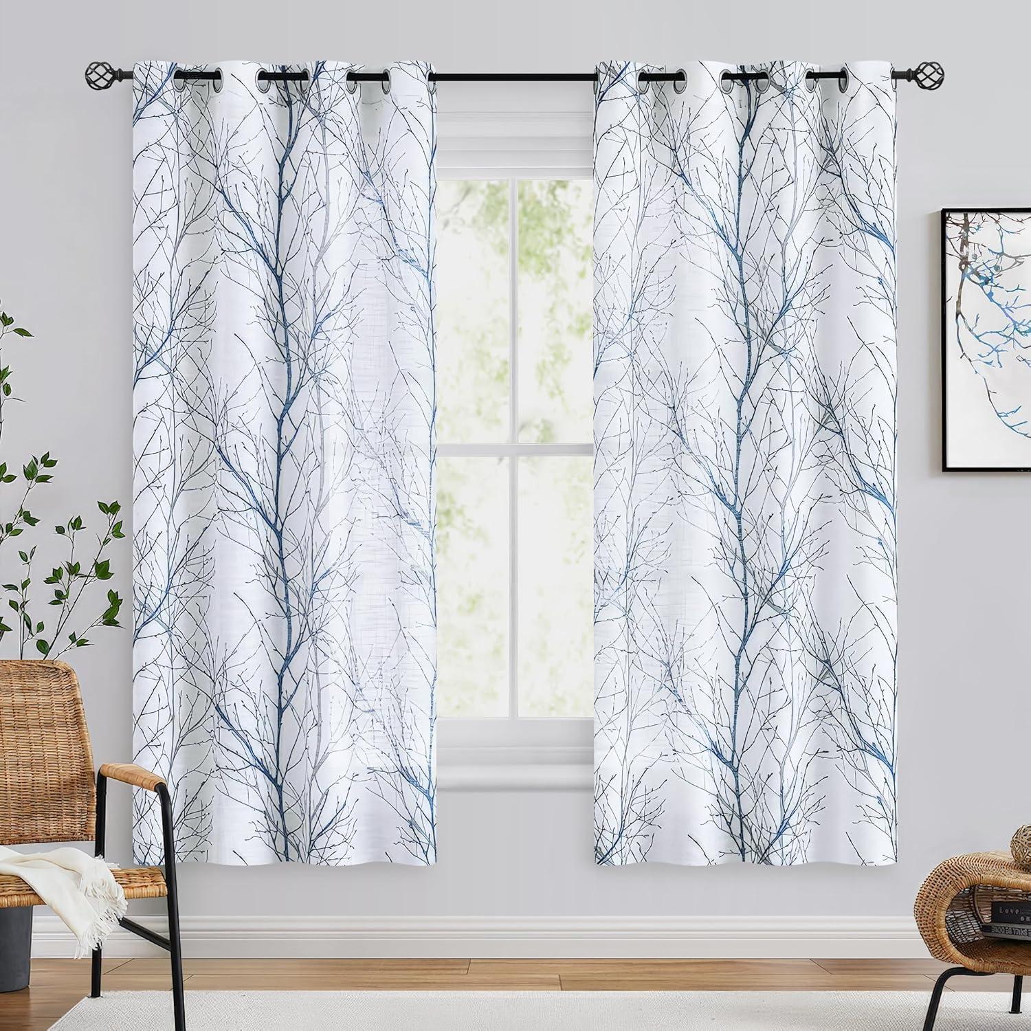 Gray and Blue Tree Branch Sheer Grommet Curtain Panels