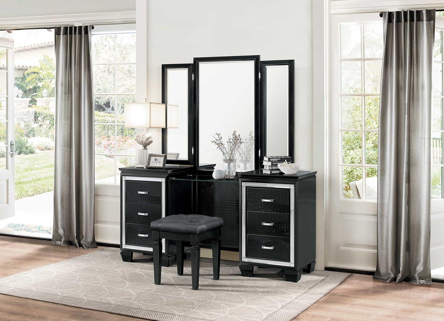 Allura Black Crystal Button Tufted Vanity Stool