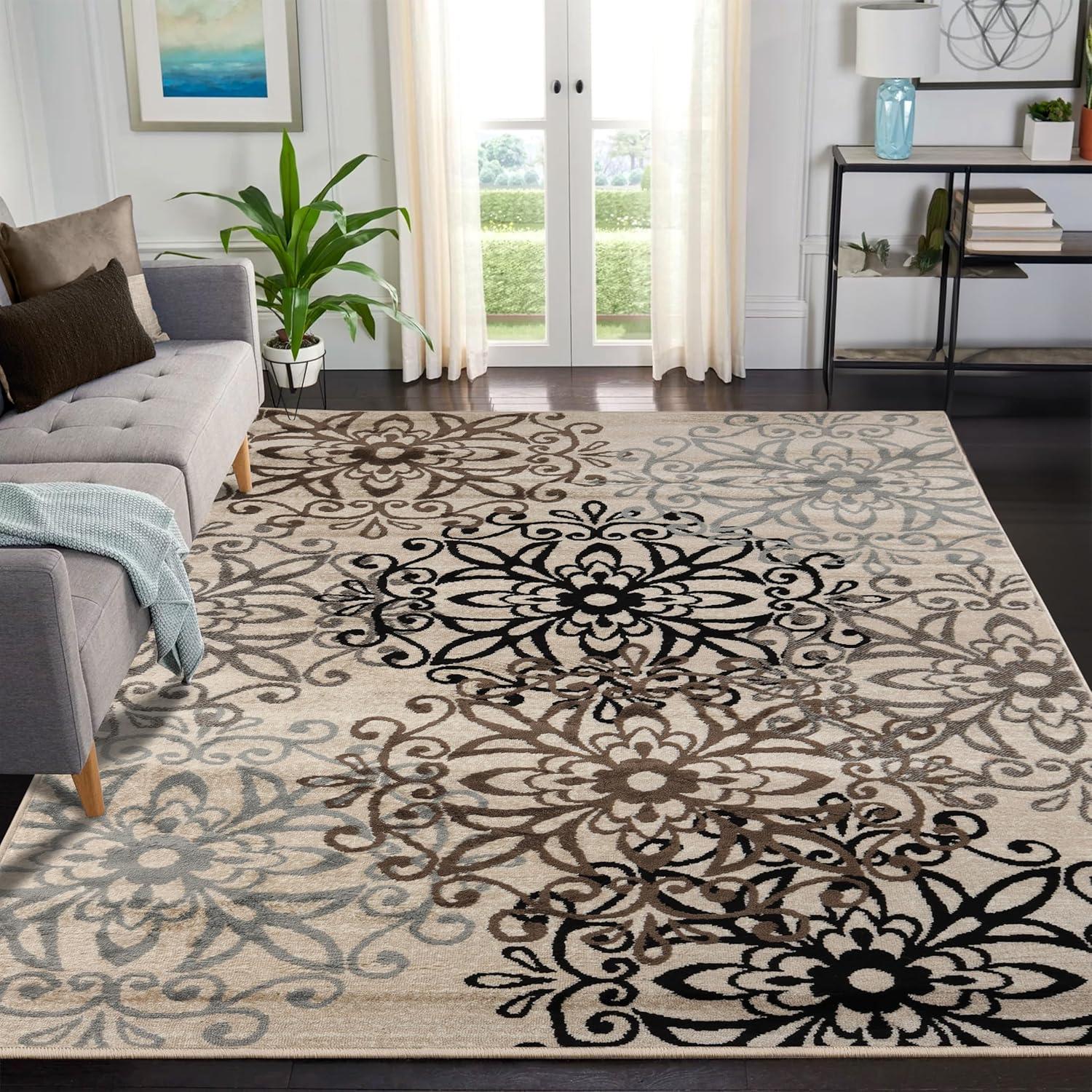 Beige Floral Medallion Polypropylene Area Rug with Jute Backing