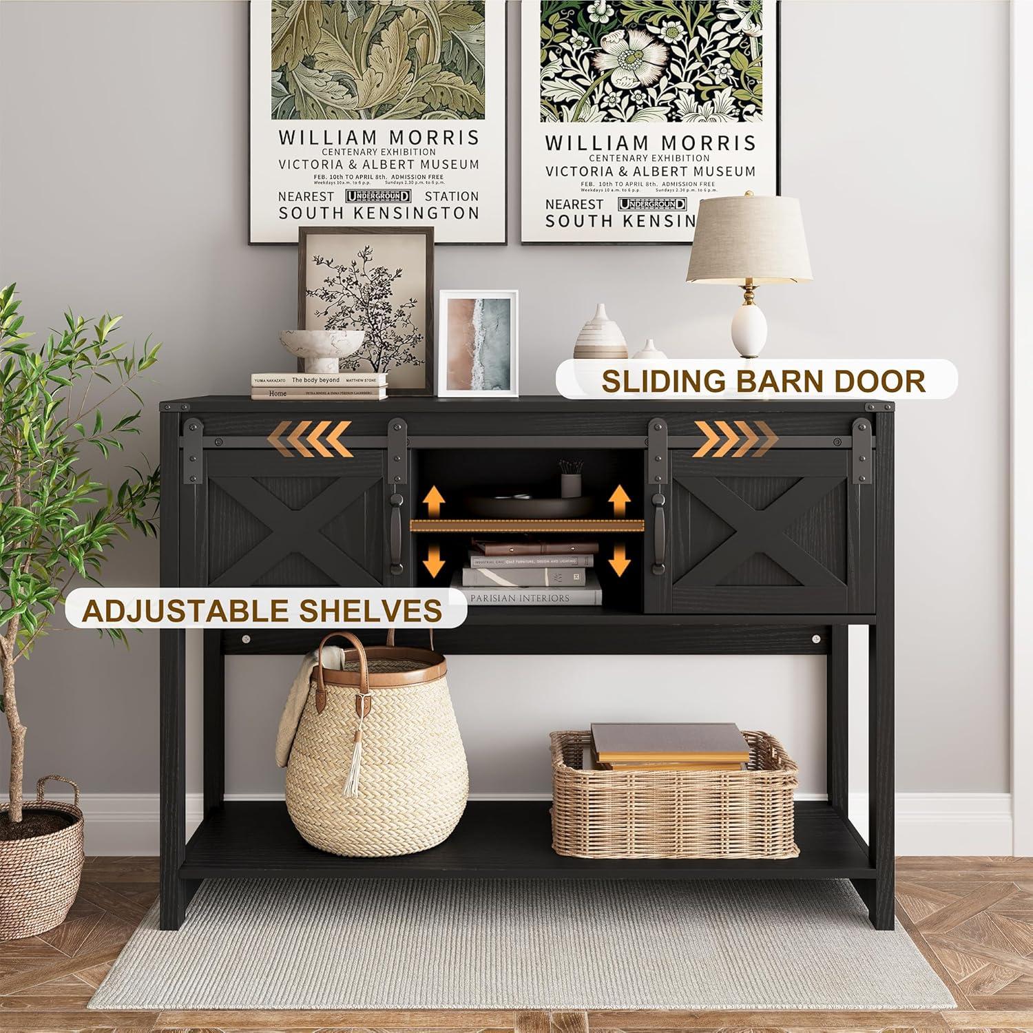 Farmhouse Console Table with Storage Shelf & Sliding Barn Door, Wood Entryway Table with Storage, 46" Narrow Long Sofa Table, Behind Couch Table, Console Tables for Living Room, Entryway, Foyer