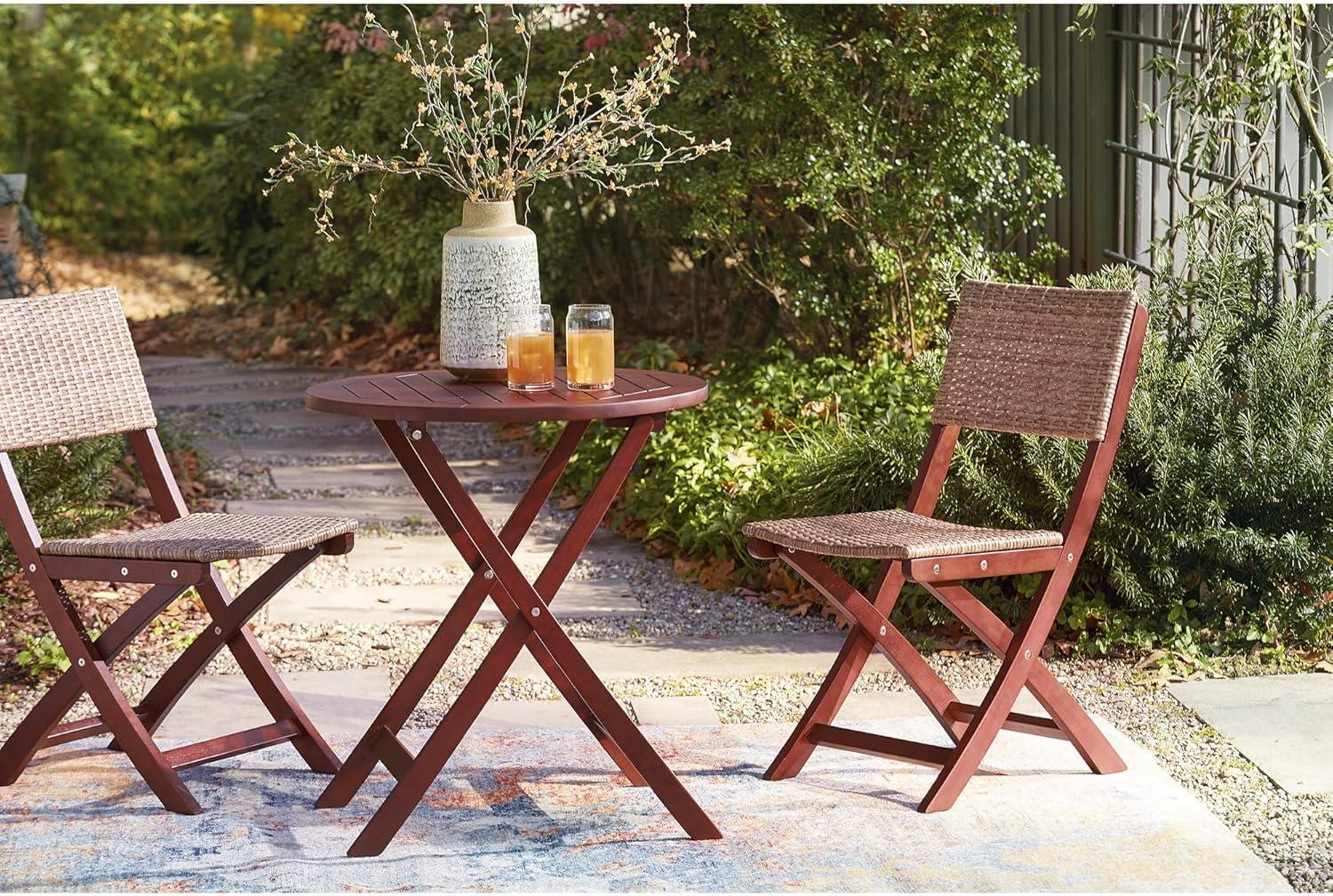 Signature Design by Ashley Safari Peak Casual Outdoor Eucalyptus Wood Folding Table and 2 Chairs with Locking Mechanism, Set of 3, Dark Brown