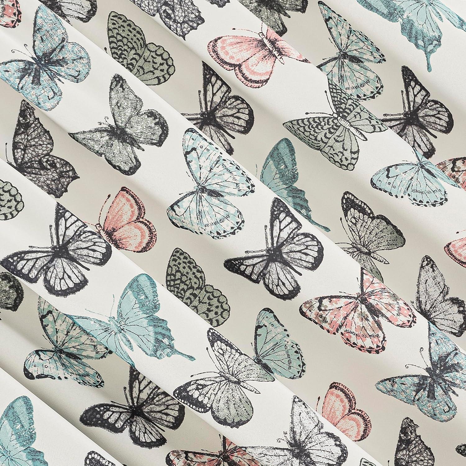 No. 918 Magdalena Butterfly Print Embroidered Trim Semi-Sheer Rod Pocket Curtain Valance, 54"x18", Blue