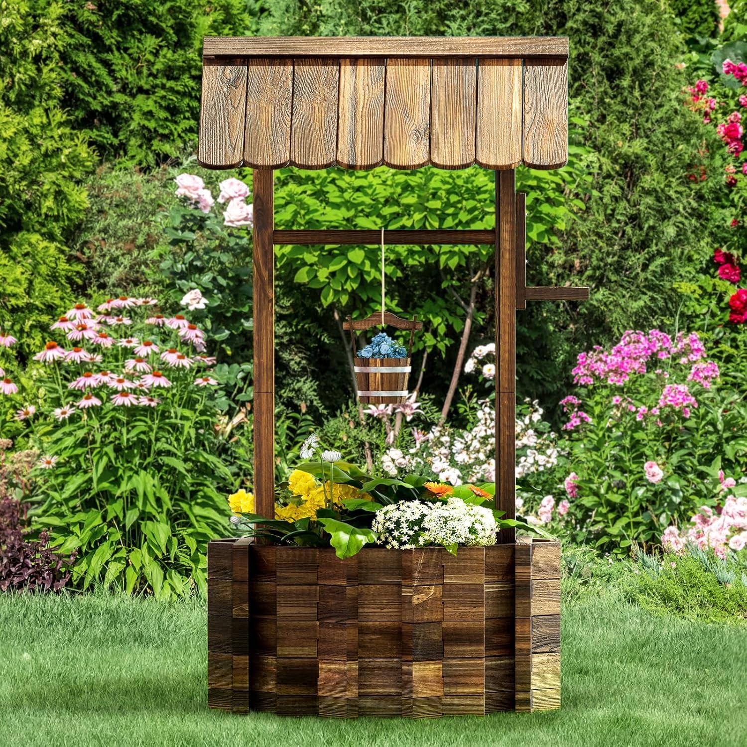 Sunmthink Wood Wishing Well Planter with Hanging Bucket for Flower and Plants, Brown