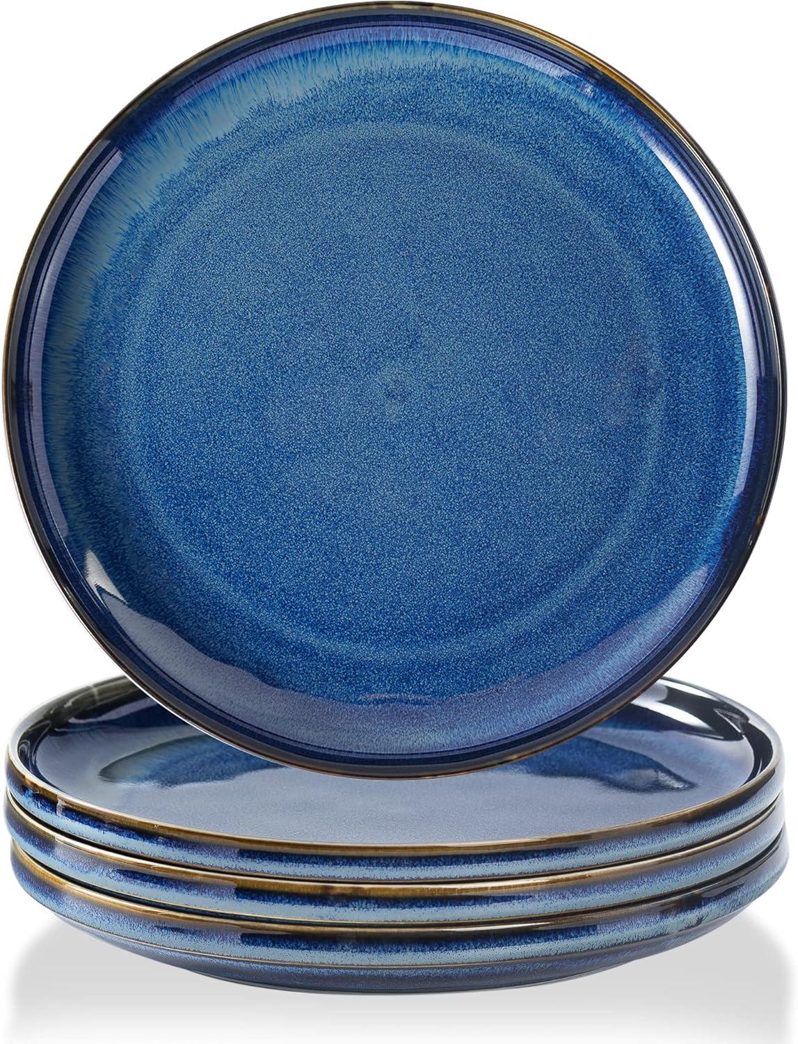 Blue Glossy Porcelain Round Christmas Salad Plates Set