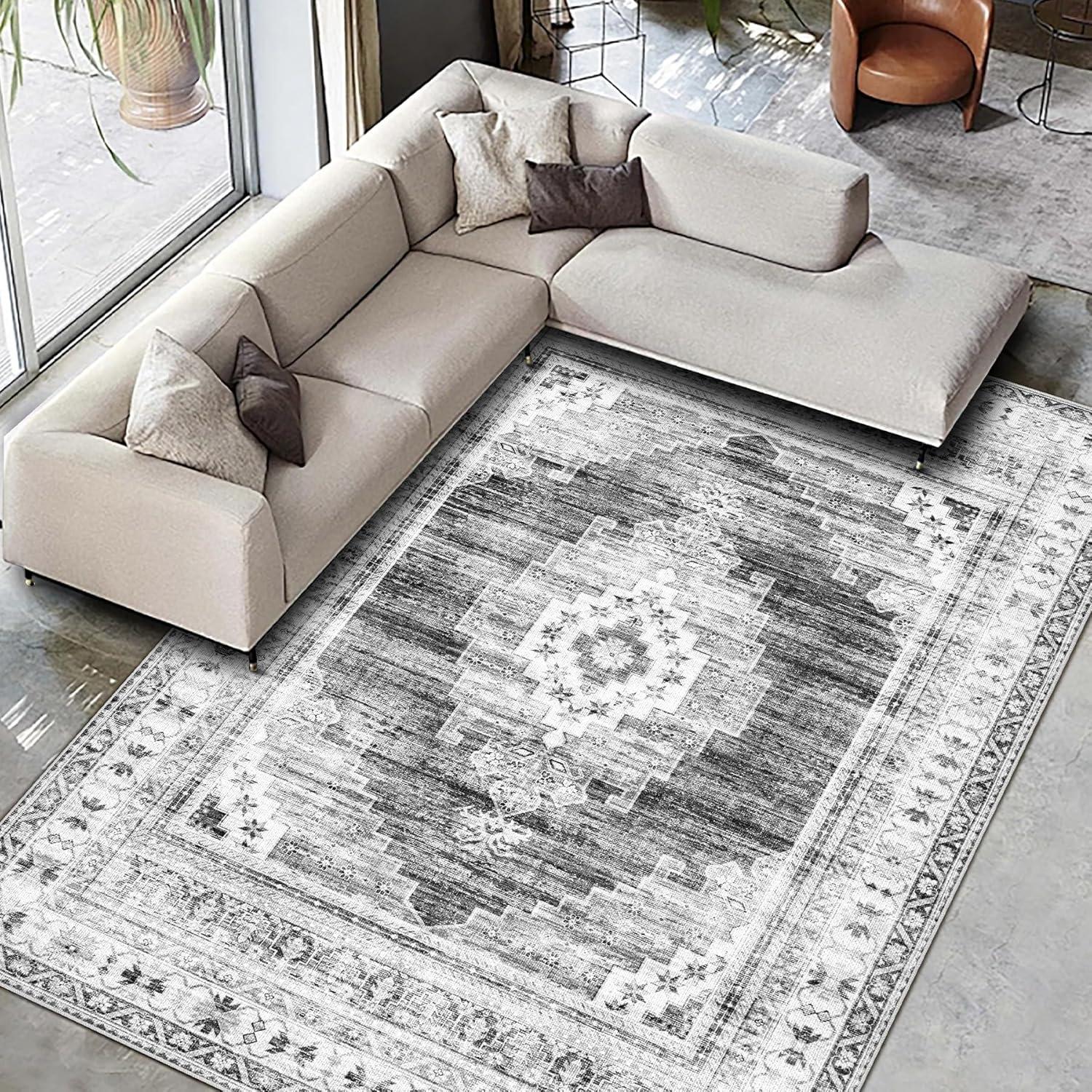 Gray 5' x 7' Vintage Washable Non-Slip Area Rug