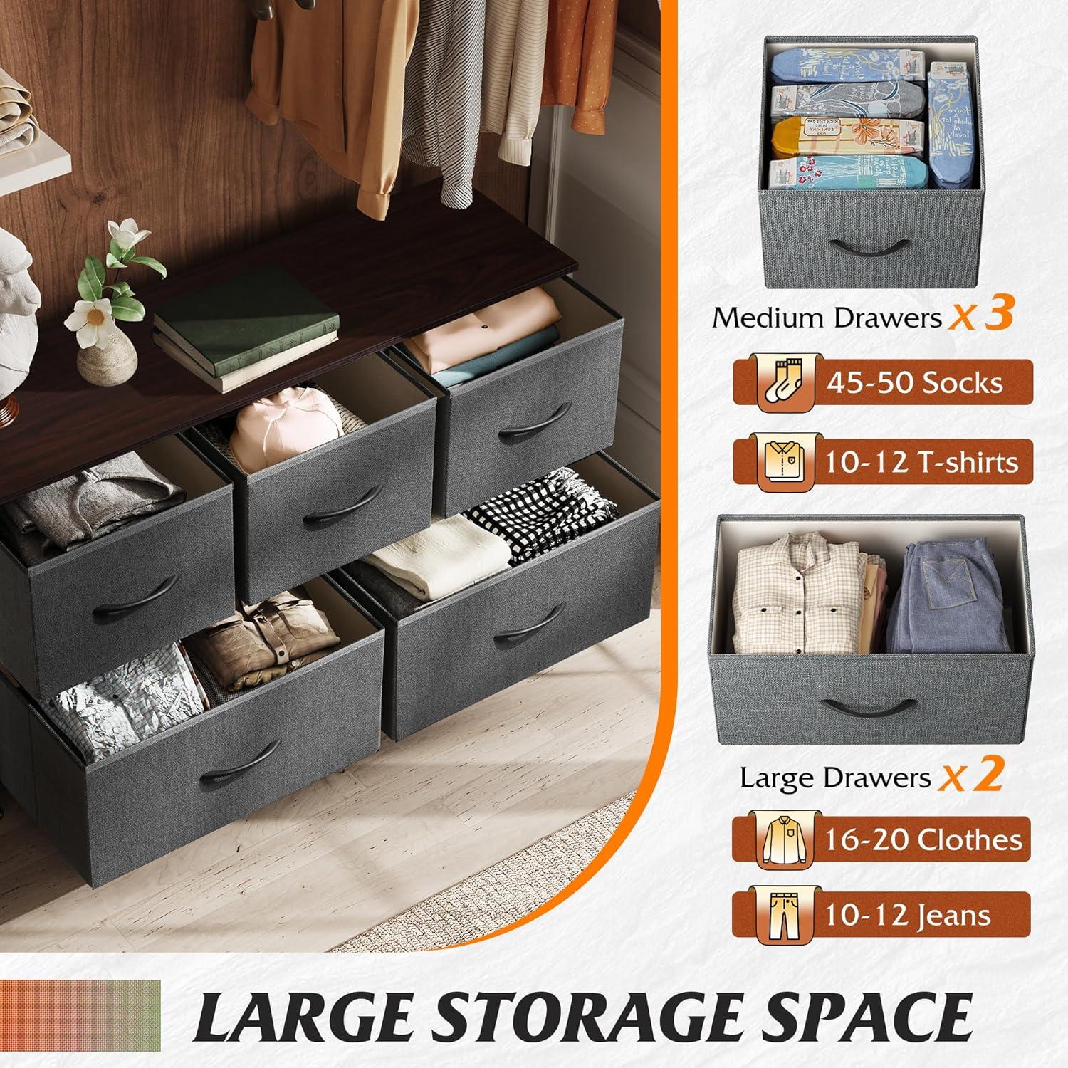 WLIVE Dresser for Bedroom with 5 Drawers, Wide Chest of Drawers, Fabric Dresser, Storage Organizer Unit with Fabric Bins for Closet, Living Room, Hallway, Dark Grey