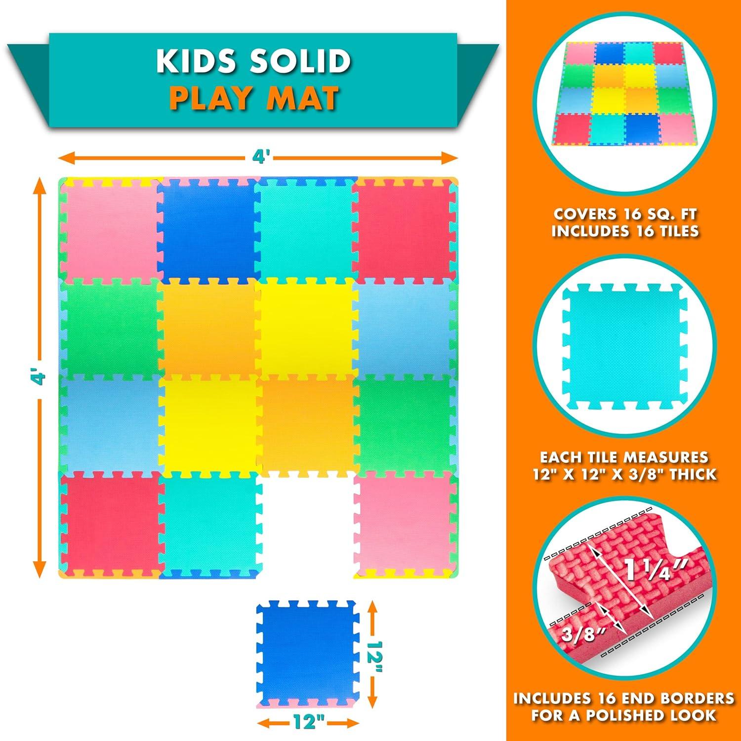 Prosource Kids Solid Floor Play Mat 3/8-in, 16 Sq Ft - 16 Tiles, Assorted