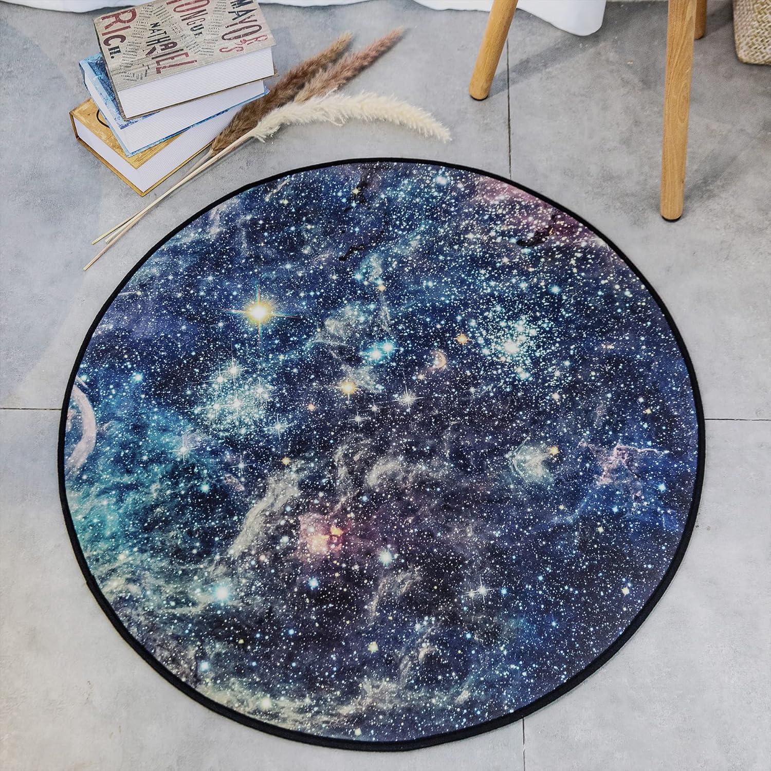 Galaxy Round Rugs, Universe Space Nebula Stars Starry Carpet Large Floor Mat for Living Room, Bedroom (Galaxy, 2.6 ft Diameter)