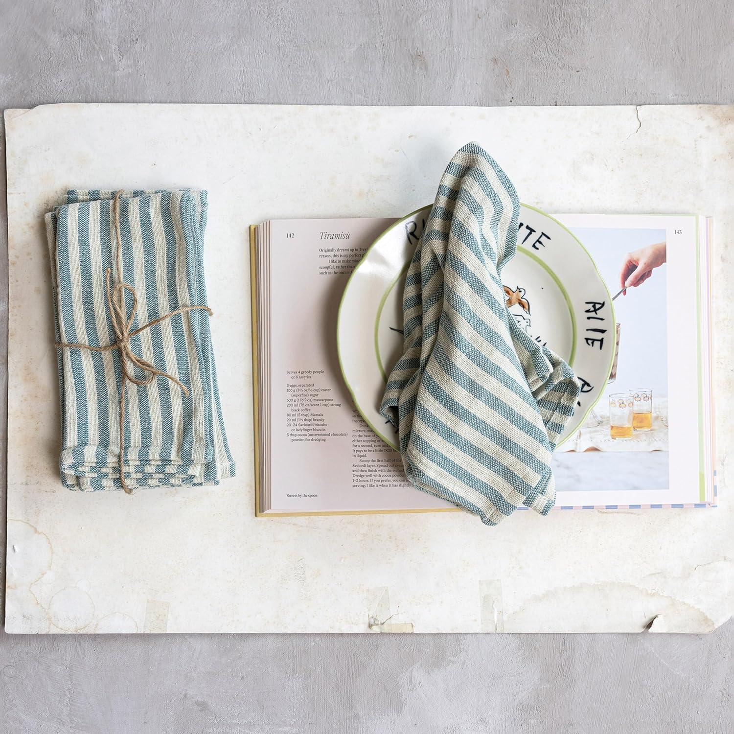 Blue and Natural Striped Cotton Napkins with Ruffle, Set of 4