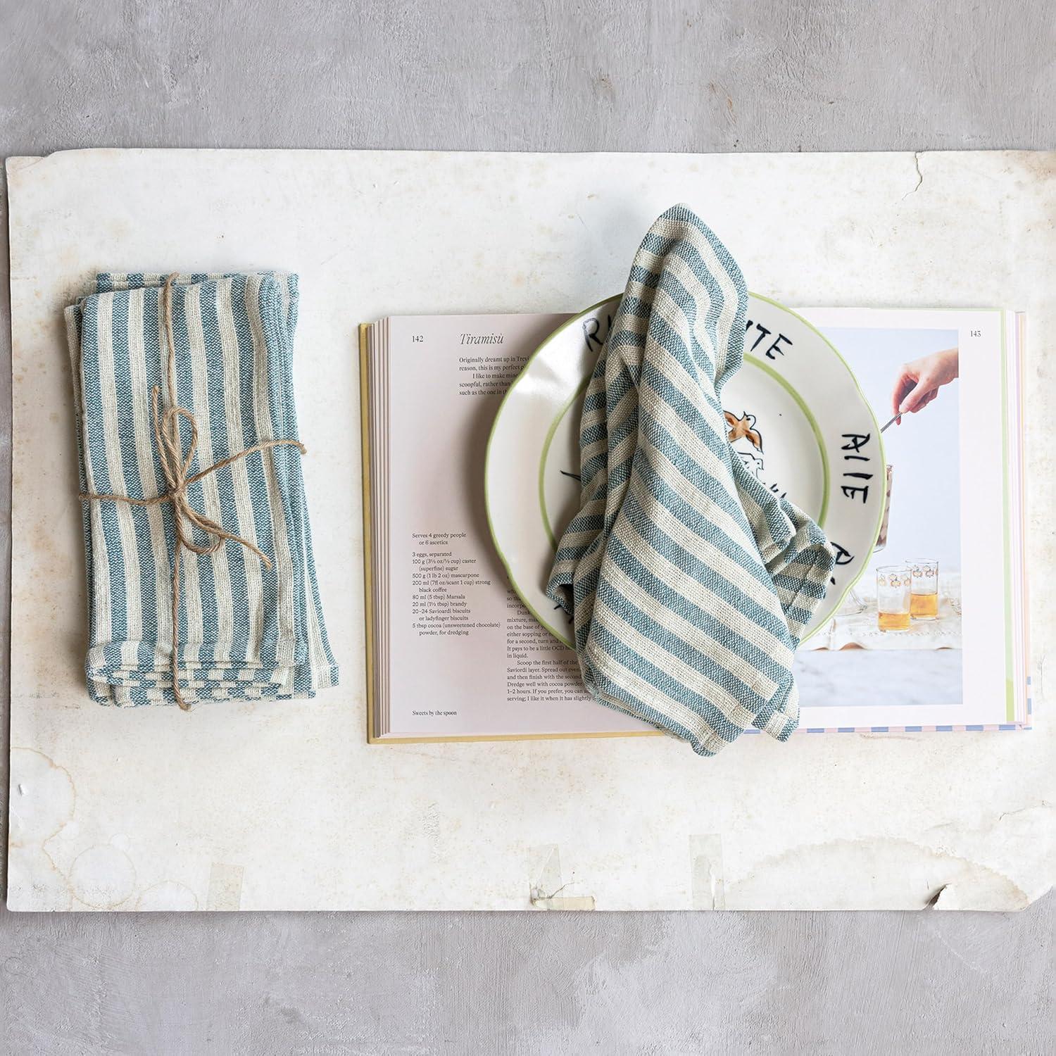 Bloomingville Striped Cotton Napkins with Ruffle, Blue and Natural, Set of 4