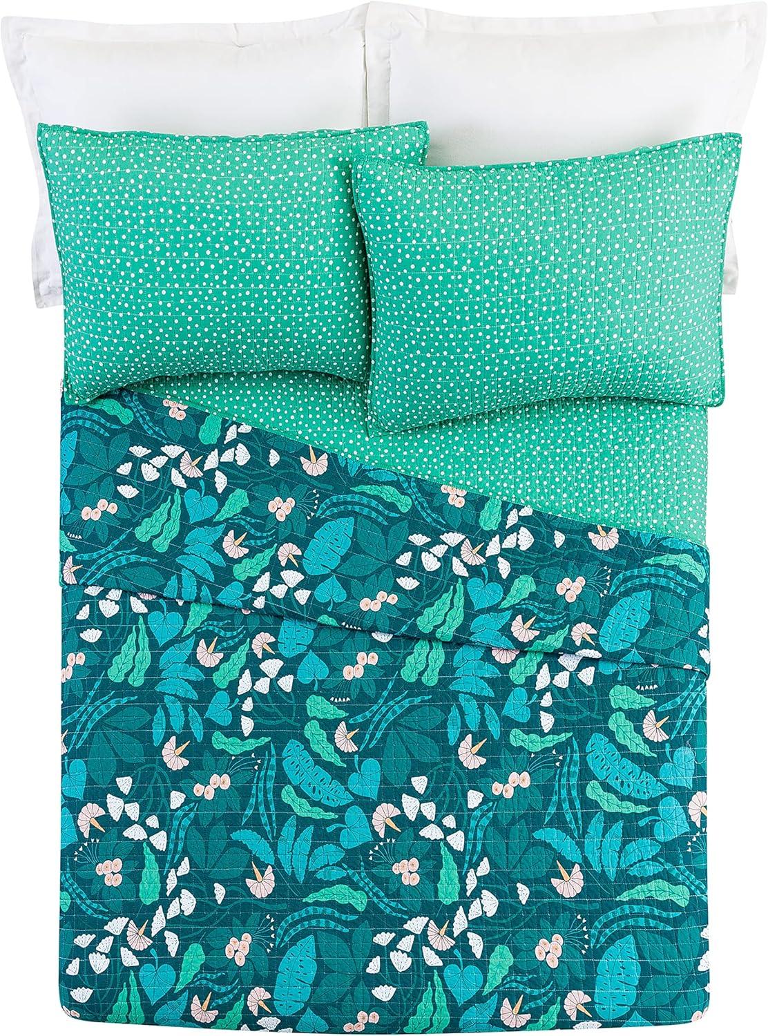 3pc Full/Queen Jungle Floral Quilt Set Green - Elizabeth Olwen for Makers Collective: Cotton Bedding Set with Shams