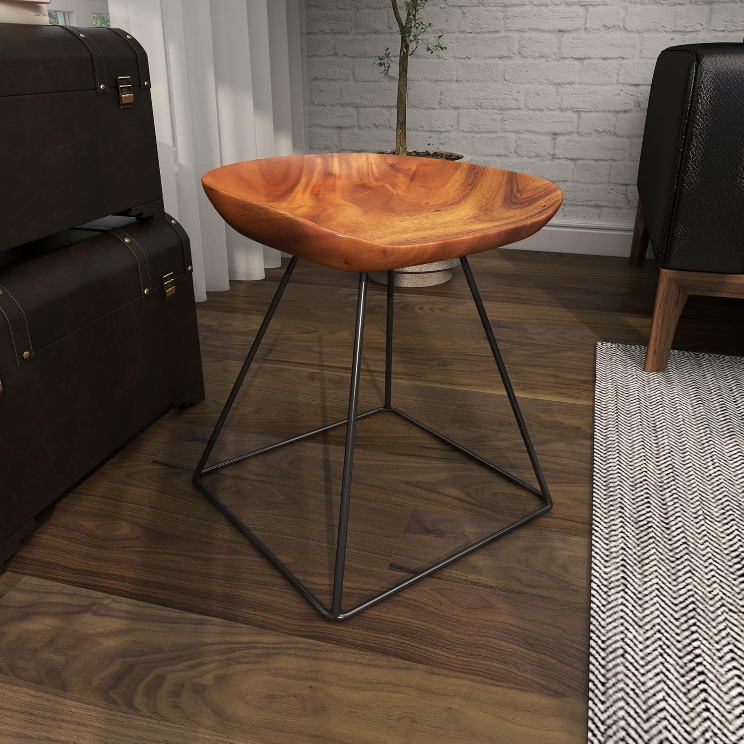 Rustic Brown Metal and Wood Backless Stool, 18"