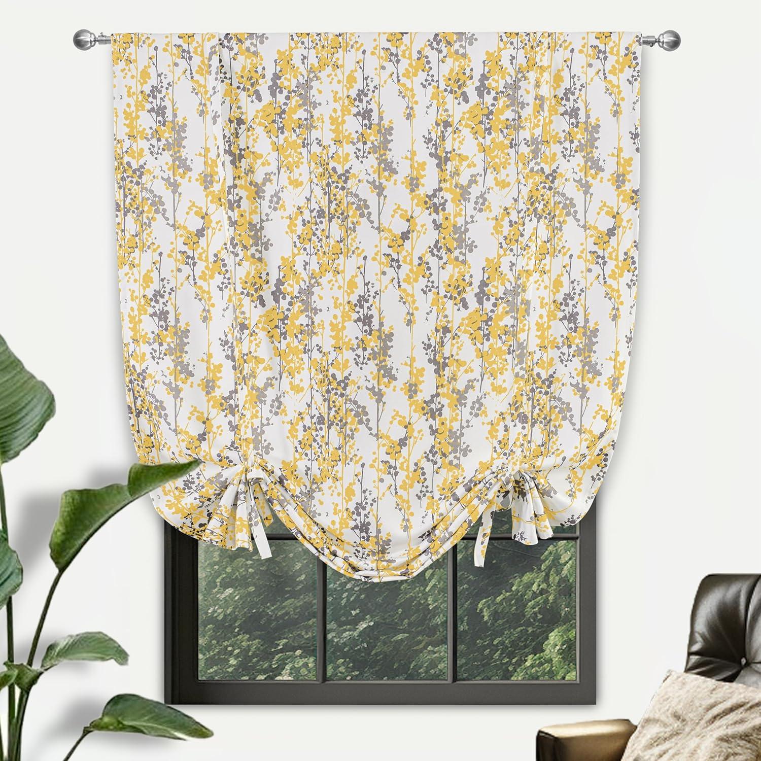 DriftAway  Leah Abstract Floral Blossom Ink Painting Pattern Tie Up Curtain 40 - 49 Inches 63 Inches Golden Yellow/Gray 45" width x 63" length