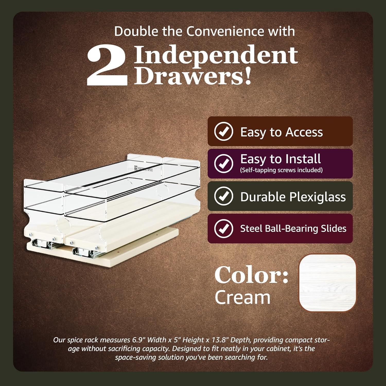 Vertical Spice 13.8" Depth Heavy Duty Pull Out Spice Rack Drawer - 2 Drawers, Mix Containers - Sliding Cabinet & Pantry Organizer - Kitchen Cupboard Storage Rack (6.9''W x 5.0" H x 13.8''D, Cream)