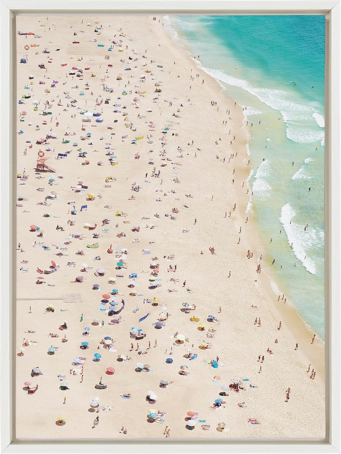 Kate and Laurel Sylvie Crowded Beach from Above Framed Canvas Wall Art by Amy Peterson Art Studio, 18x24 White, Coastal Beach Landscape Art for Wall