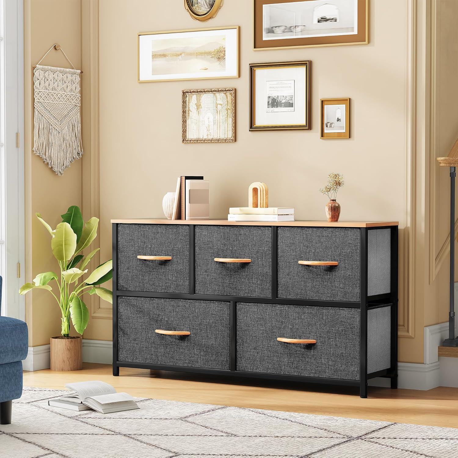 Cool Gray Fabric and Metal Nursery Dresser with Wooden Top