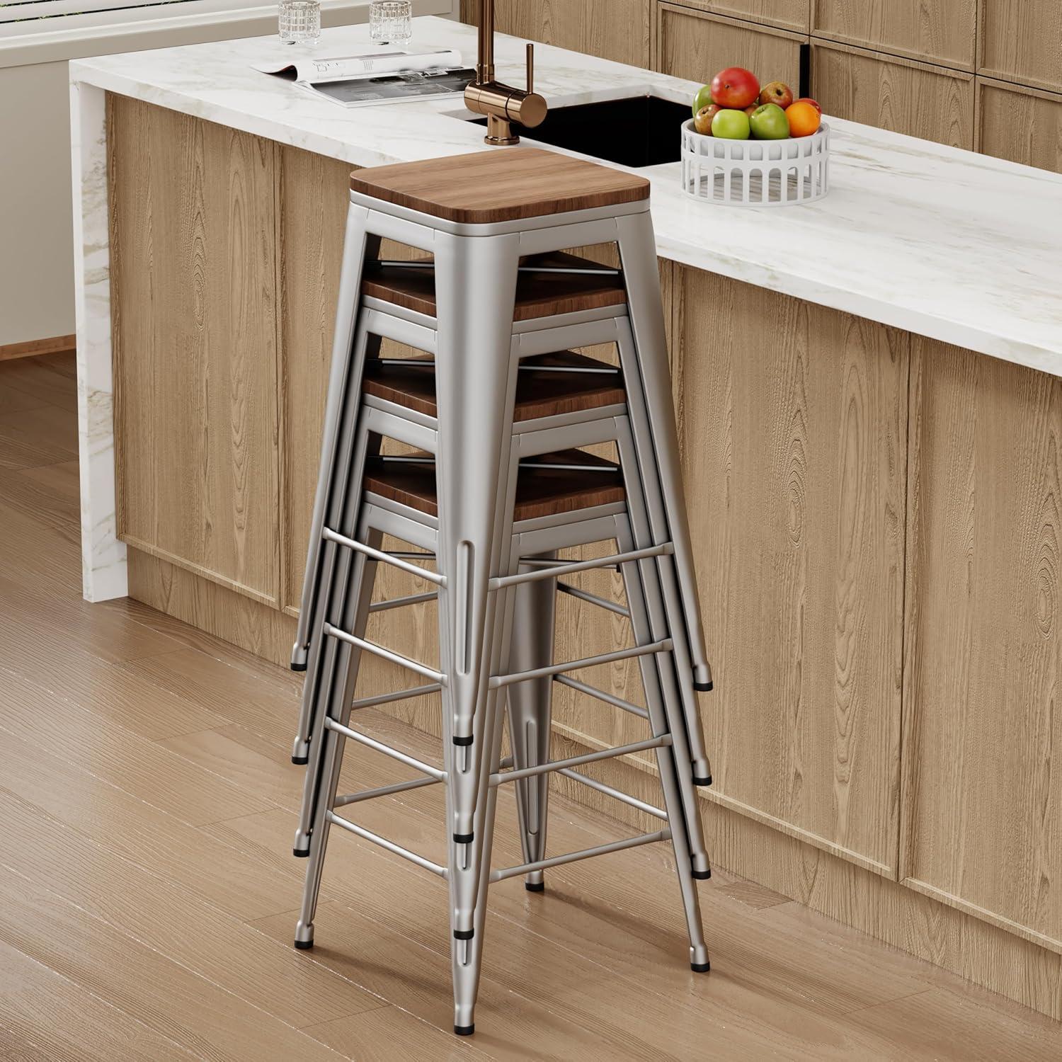 Drevy 26" Metal Counter Height Bar Stools Set of 4 Industrial Backless Kitchen Patio Counter Stool Stackable Barstools Wood Top-Silver