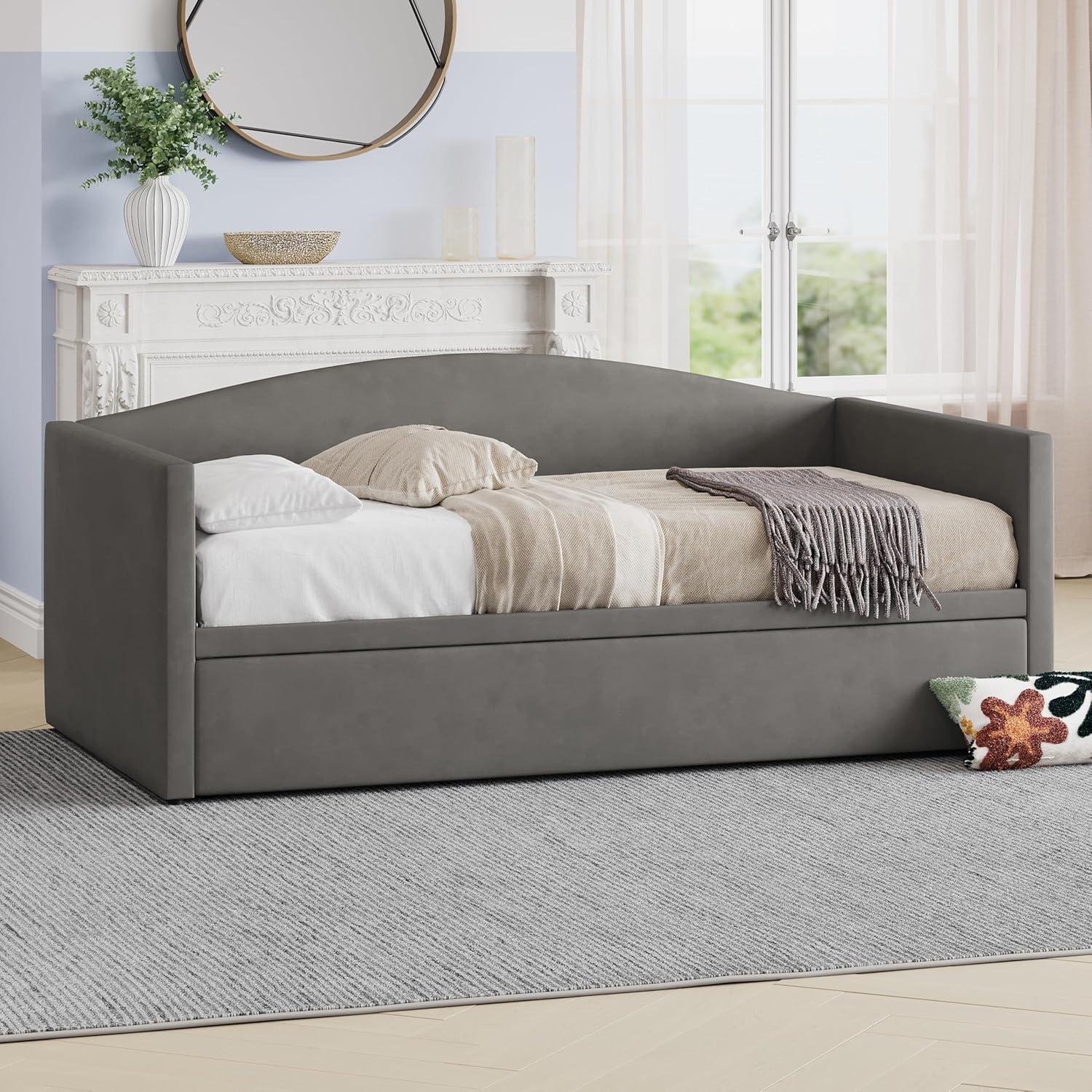 Upholstered Daybed with Extended Pop Up Trundle, Twin to King Size Velvet Sofa Bed Daybed with Soft Padded Armrests for Bedroom Guest Room Living Room (Gray-Pop)