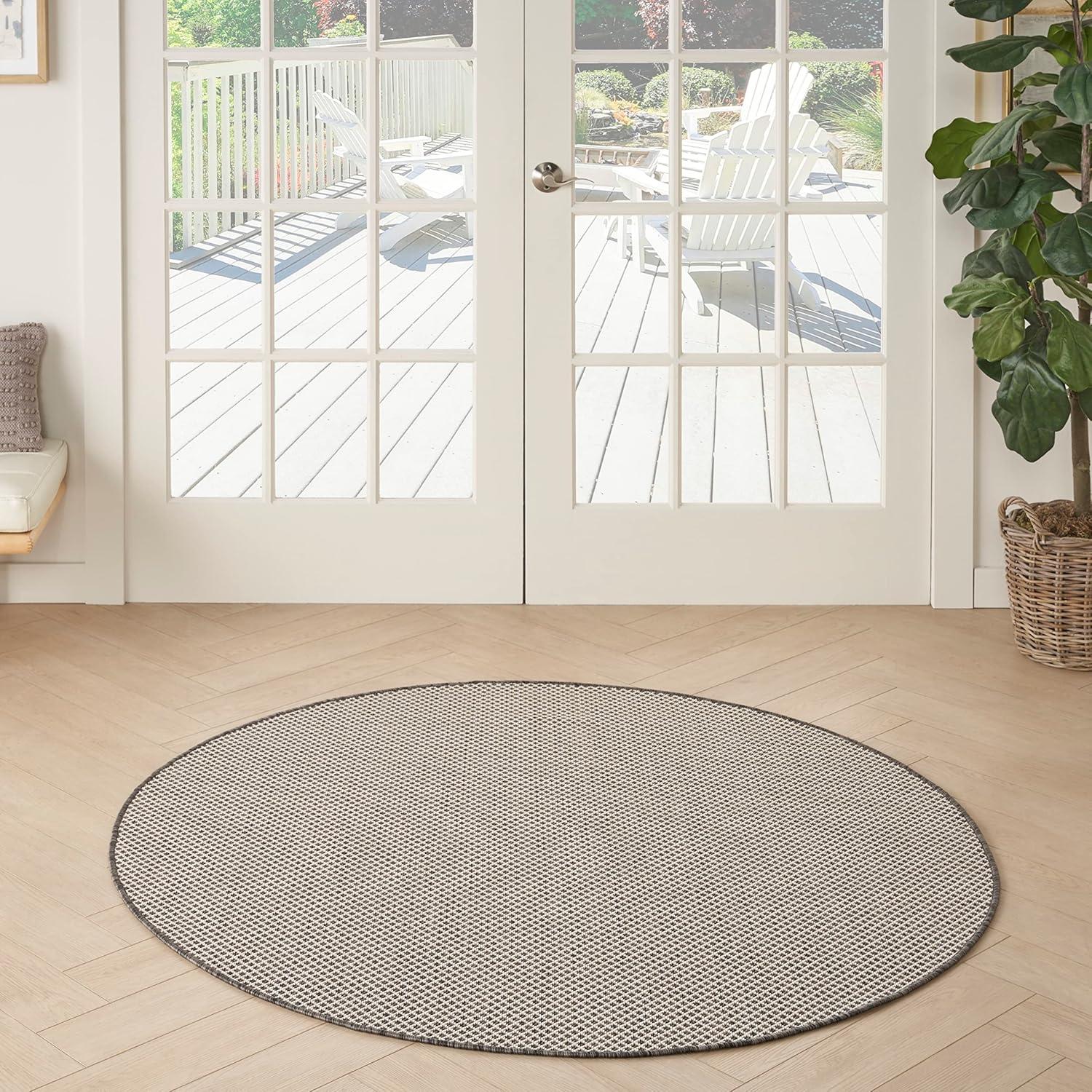Nourison 4' x 4' Courtyard Modern Easy Care Flatweave Indoor Outdoor Round Rug Ivory/Charcoal