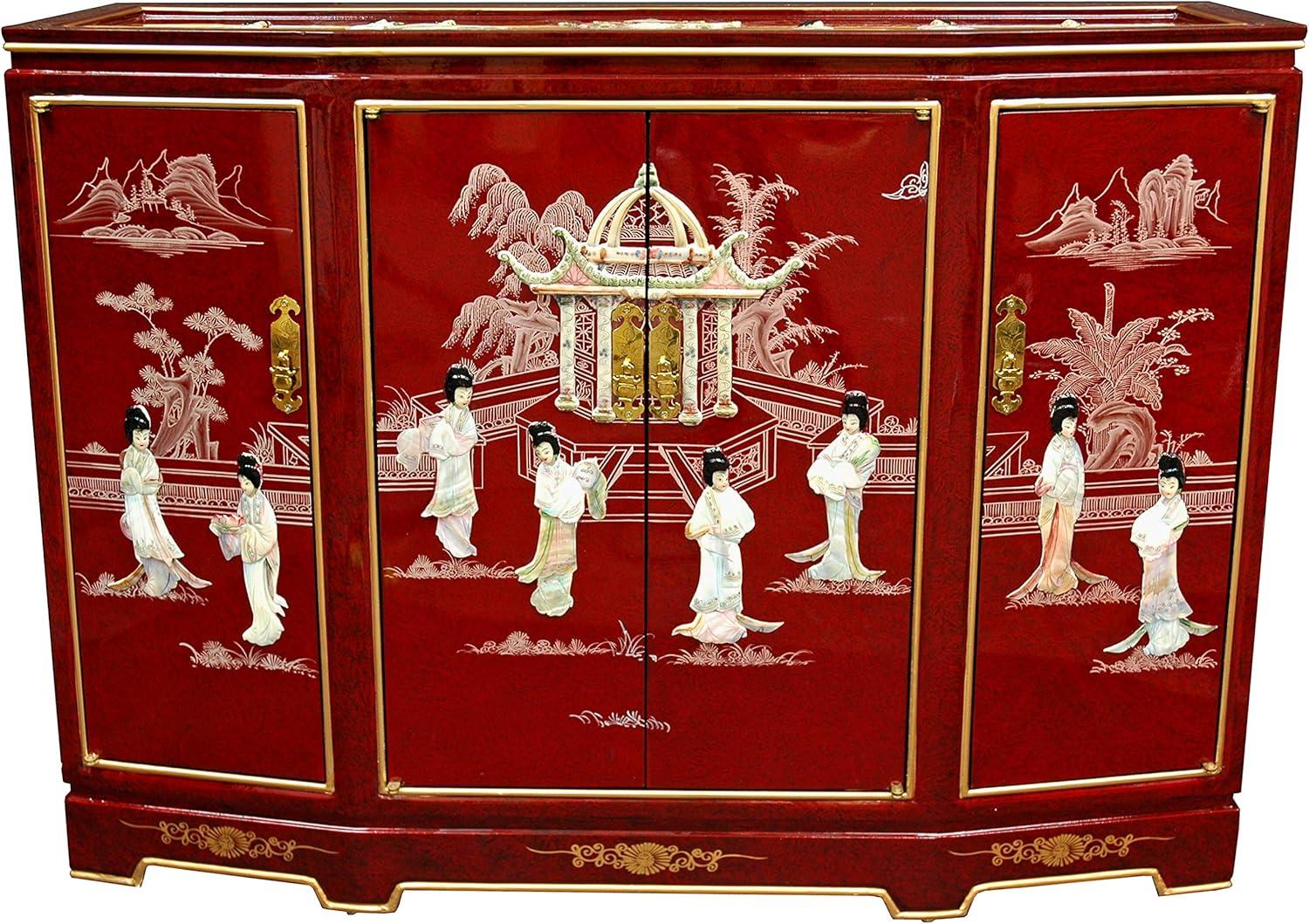 Oriental Furniture Slant Front Cabinet, Red color, 40.00"Wx 32.00"H