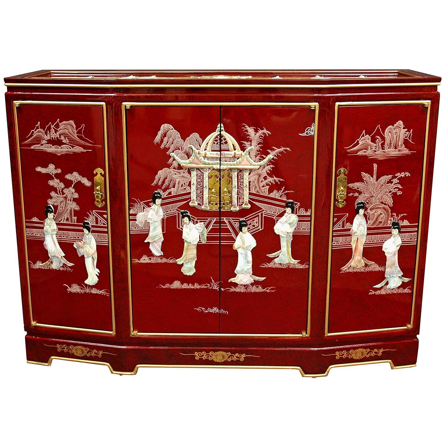 Oriental Furniture Slant Front Cabinet, Red color, 40.00"Wx 32.00"H