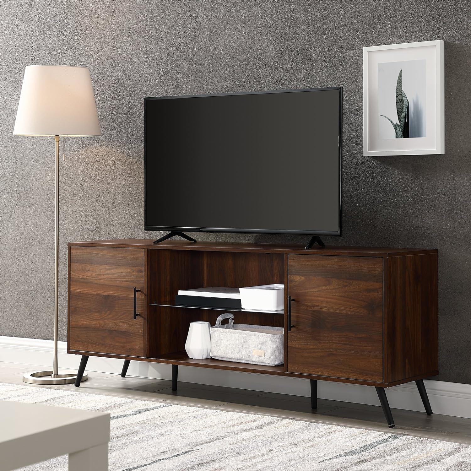 DazzAura Saxon Mid Century Modern Glass Shelf TV Stand for TVs up to 65 Inches, 60 Inch, Walnut