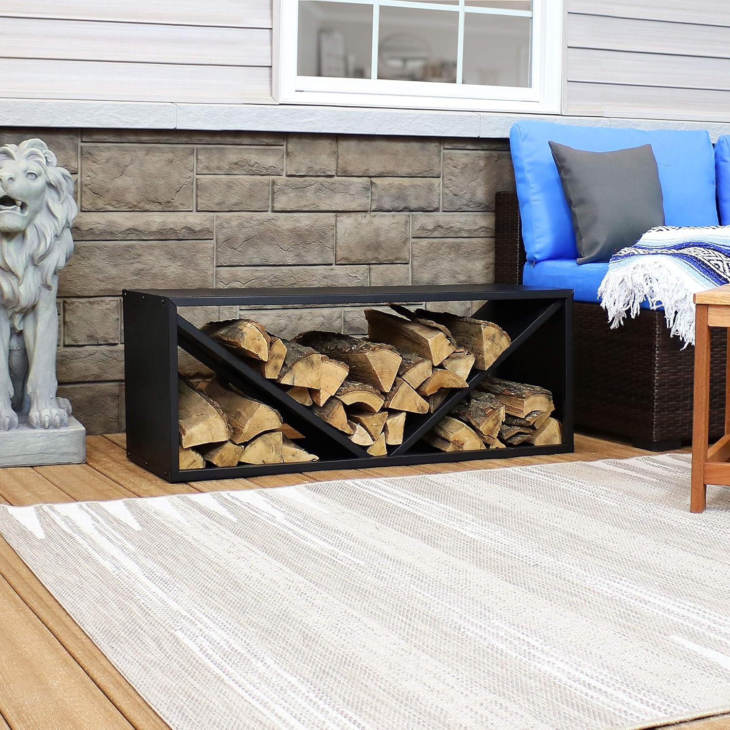 Sunnydaze Indoor/Outdoor Steel Triple Triangle Fire Pit or Fireplace Firewood Log Rack Storage Holder - 41" - Black