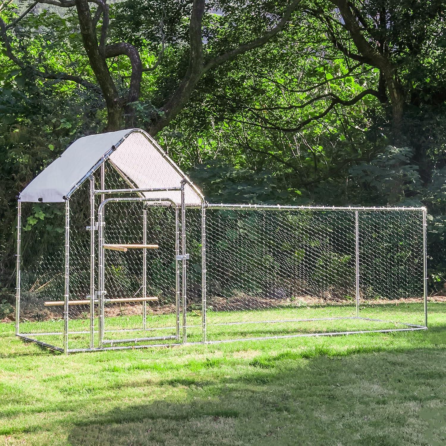 Large Metal Chicken Coop Run, Outdoor Walk-in Poultry Cage with Spire Roof, for Hen House, Duck Coop and Rabbit Run, Silver (9.8' L x 3.28' W x 4.92' H)