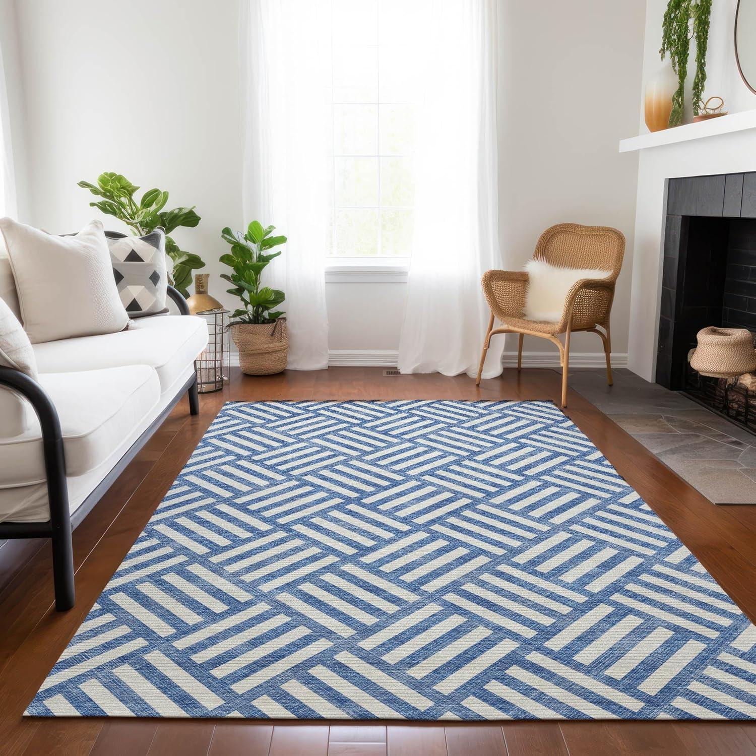 Blue Geometric Flat Woven Washable 5' x 7' Rug