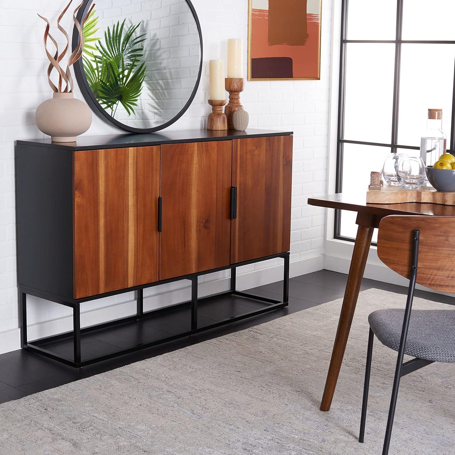 Vance Brown Mahogany 3-Door Sideboard with Black Metal Base