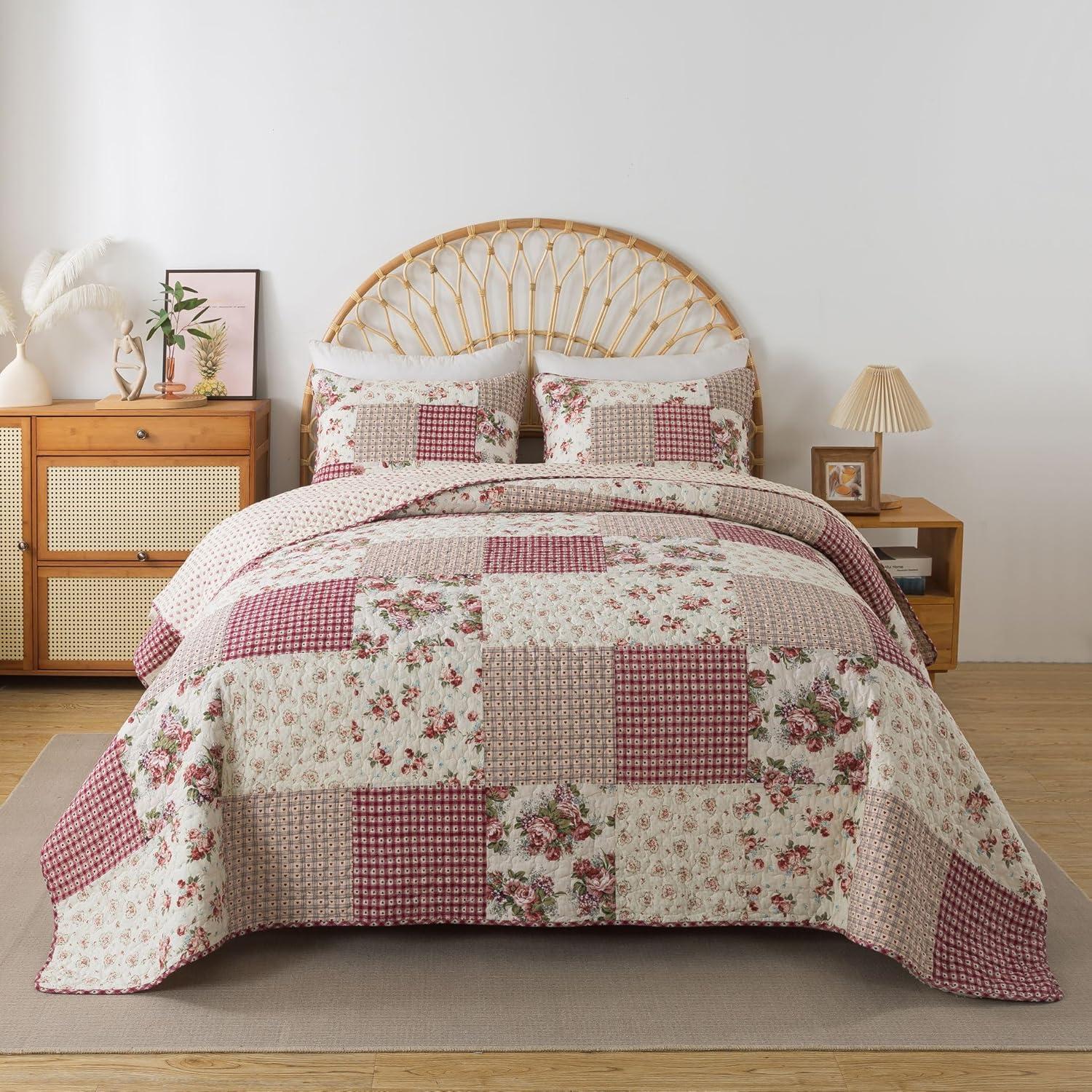 King Pink Cotton Reversible Patchwork Quilt Set