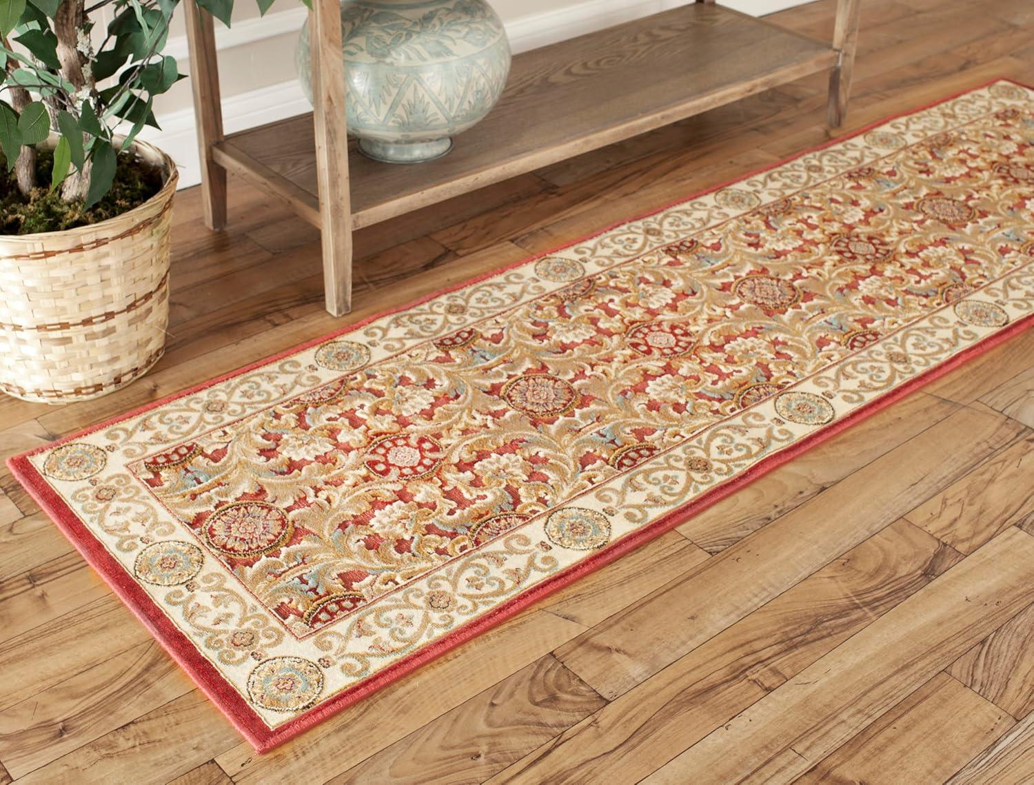 Red and Beige Oriental Viscose Runner Rug