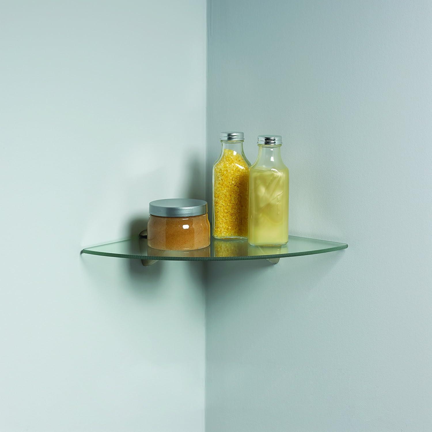 Clear Tempered Glass Corner Shelf with Satin Nickel Brackets