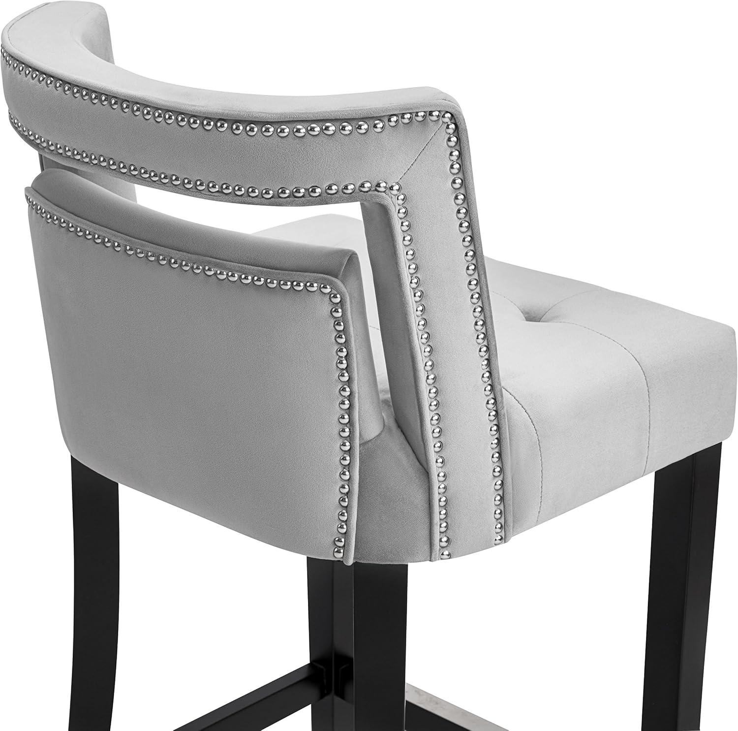 Sumptuous Grey Velvet Bar Stool with Metal Tipped Legs and Nailheads