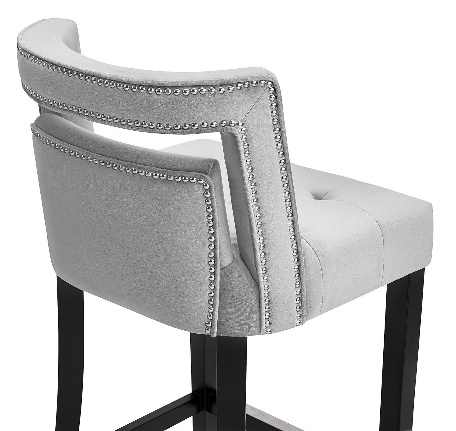 Sumptuous Grey Velvet Bar Stool with Metal Tipped Legs and Nailheads