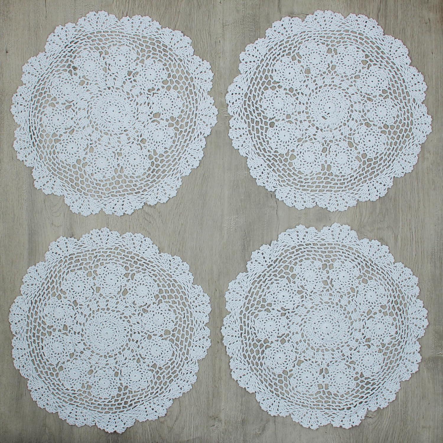 kilofly Handmade Crochet Round Cotton Lace Table Placemats Doilies Value Pack [Set of 4], Lotus, White