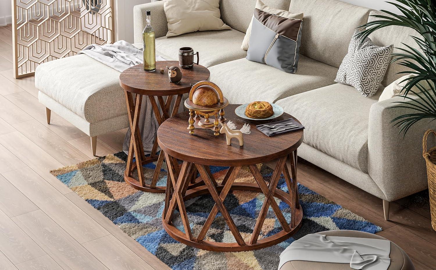 COZAYH Farmhouse Coffee Table, Rustic Round Coffee Table with X-Motifs Legs, Wood Textured Top, for Boho, French Country Decor, Brown