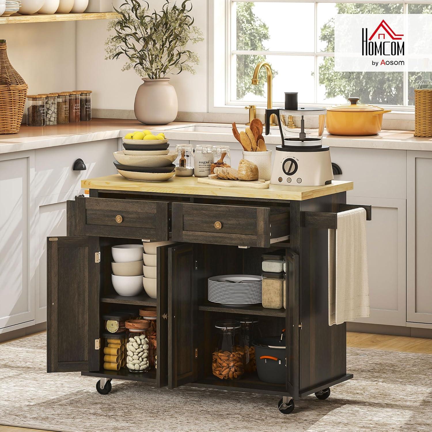HOMCOM Kitchen Island on Wheels, Rolling Cart with Rubber Wood Top, Spice Rack, Towel Rack & Drawers for Dining Room, Black