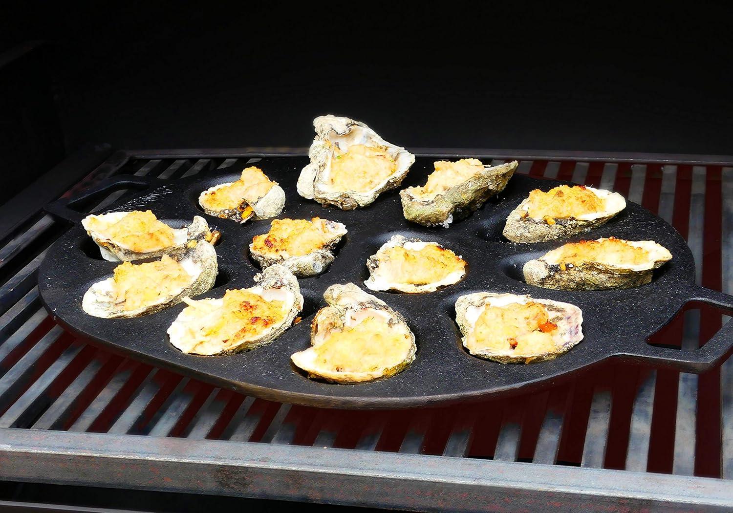 Bayou Classic 7413 Cast Iron 12 Shellfish Shaped Oyster Grill and Serve Kitchen Cooking Pan for Shucked or Half-Shell Seafood, Black