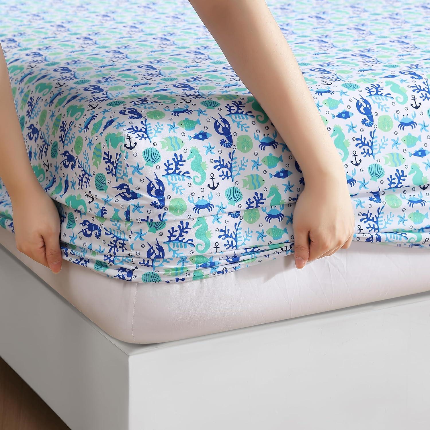 Coastal Print Microfiber Sheet Set, Full, Clearwater Aqua