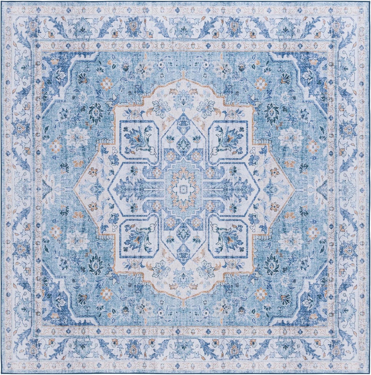 Light Blue Synthetic Washable Non-slip Square Area Rug