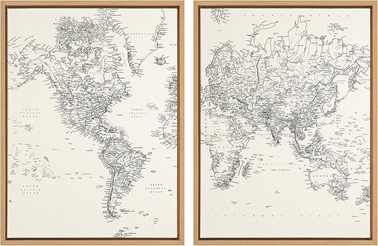 Vintage Black and White World Map Framed Canvas Set