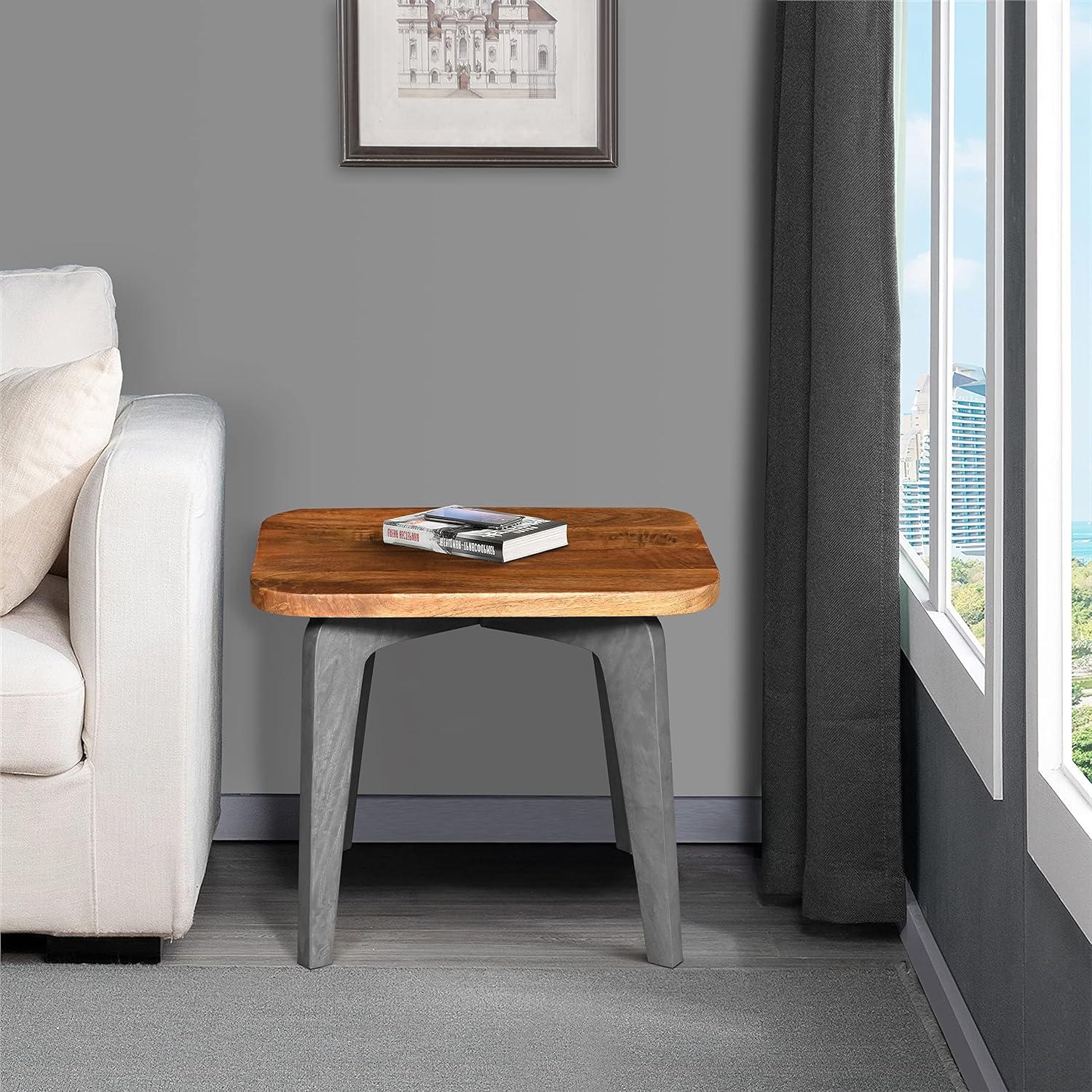 The Urban Port Wade 20-Inch Handcrafted Rectangular Side End Table, Solid Mango Wood, Inverted U Shape Legs, Natural Brown and Gray