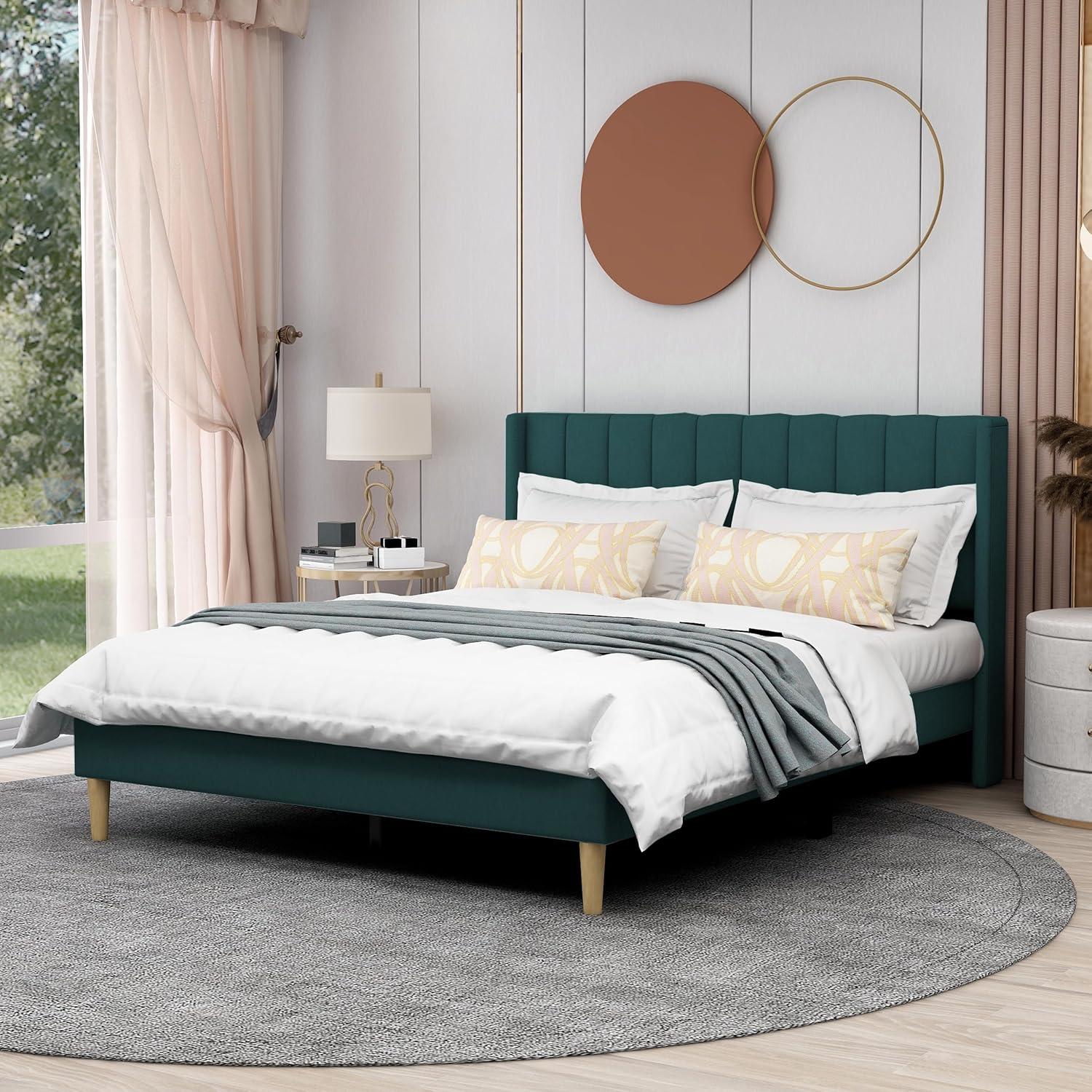 Green Velvet Queen Upholstered Platform Bed with Tufted Headboard