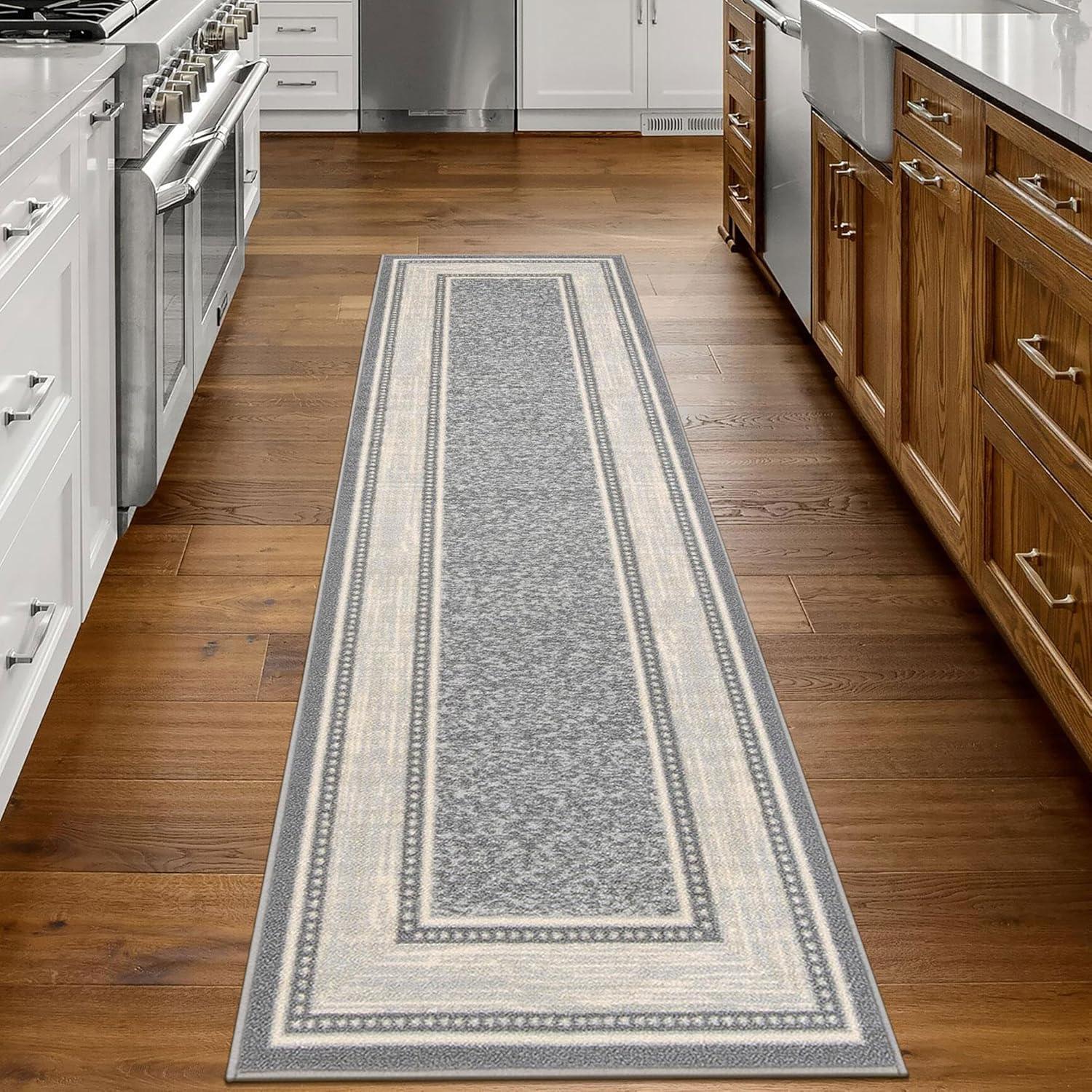 Light Gray Bordered Non-Slip Synthetic Runner Rug, 1'10" x 7'