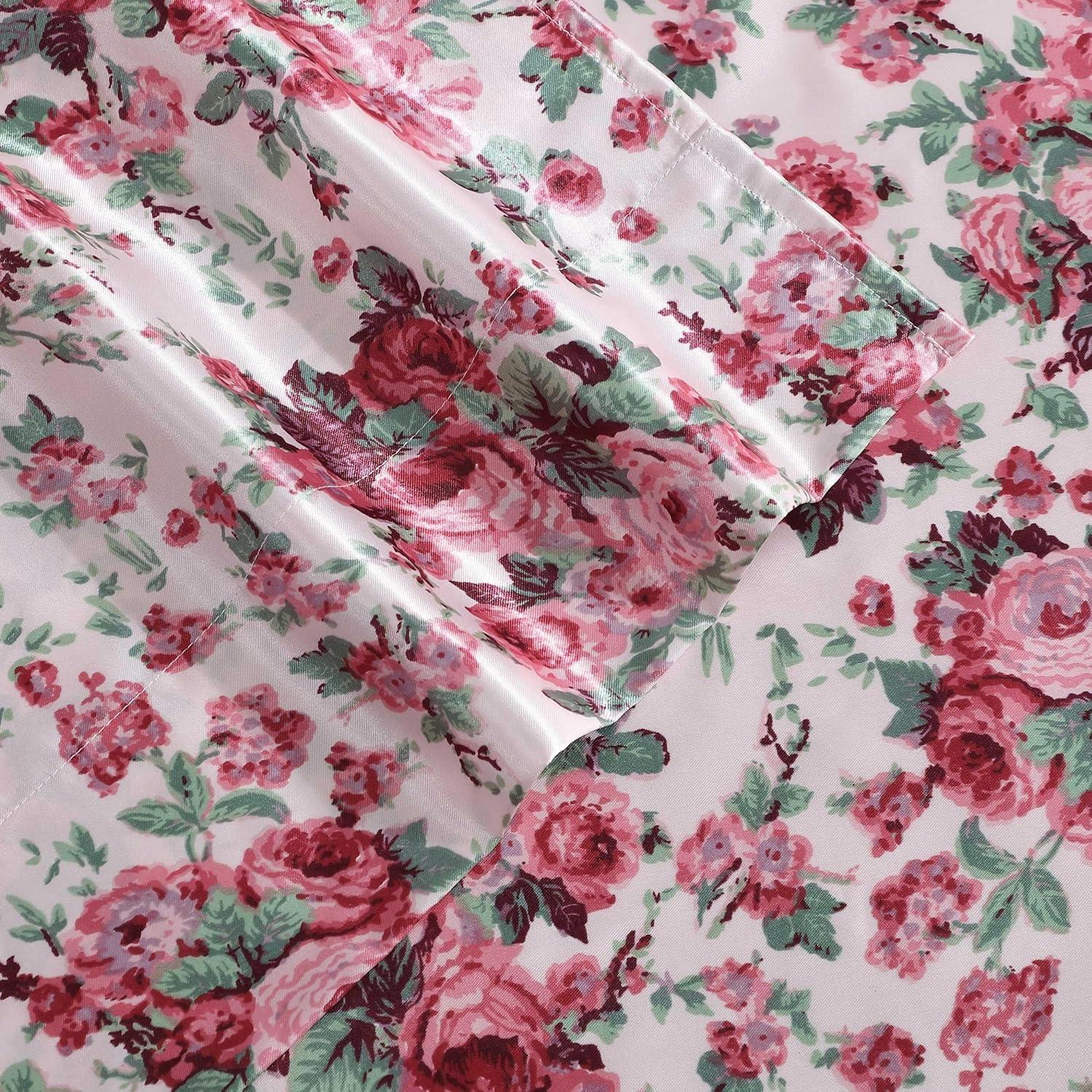 Twin Pink Satin Vintage Floral Sheet Set